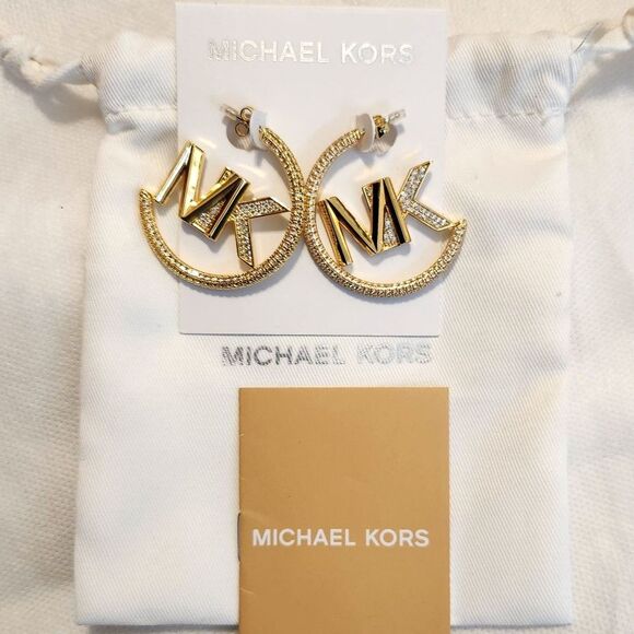 Michael Kors Premium MK Pavé Logo Hoop Earrings, Precious Metal-Plated - Picture 4 of 4